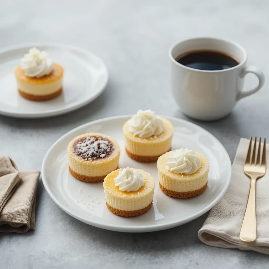 A plate of assorted mini cheesecakes with different toppings, served with a cup of black coffee—perfect carnivore desserts for a delicious treat.