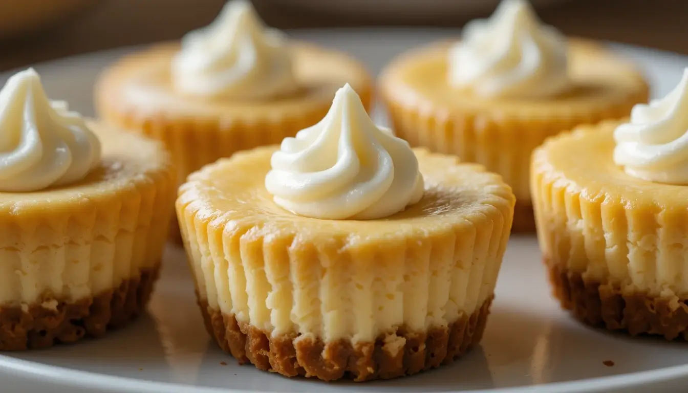 Delicious carnivore desserts – mini cheesecakes with a golden crust and a creamy topping, served on a white plate.