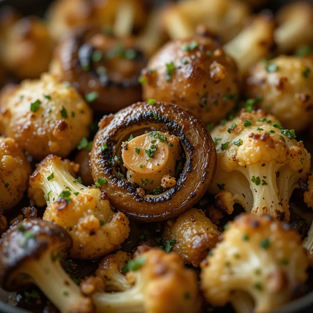 A beautifully roasted cauliflower mushroom recipe featuring golden-brown cauliflower florets and sautéed mushrooms, garnished with fresh herbs for a delicious and aromatic dish.