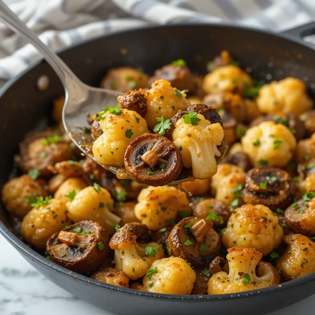 A delicious cauliflower mushroom recipe with golden-brown roasted cauliflower and sautéed mushrooms, garnished with fresh parsley, served in a black skillet.