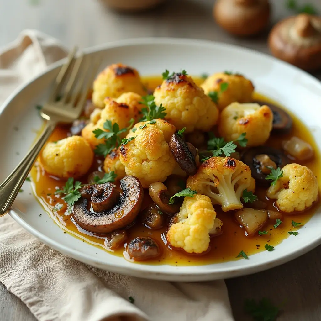 A rich and flavorful cauliflower mushroom recipe featuring roasted cauliflower florets and sautéed mushrooms in a savory golden sauce, garnished with fresh parsley on a white plate.