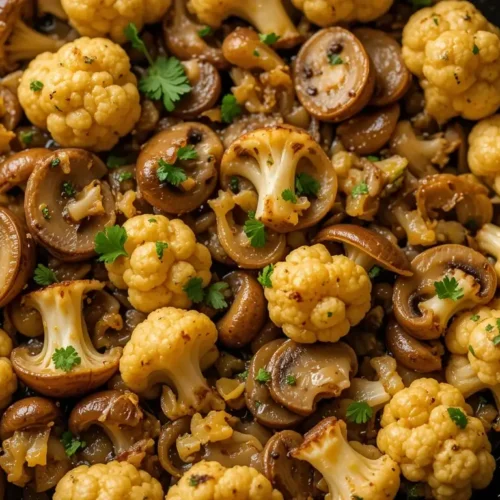 A flavorful cauliflower mushroom recipe featuring golden roasted cauliflower florets and sautéed mushrooms, garnished with fresh parsley in a black skillet.