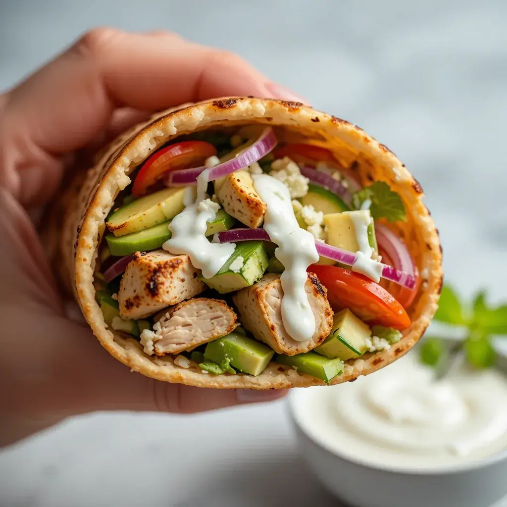 A fresh and flavorful chicken pita recipe filled with grilled chicken, cucumber, cherry tomatoes, red onion, feta cheese, and a drizzle of creamy sauce.