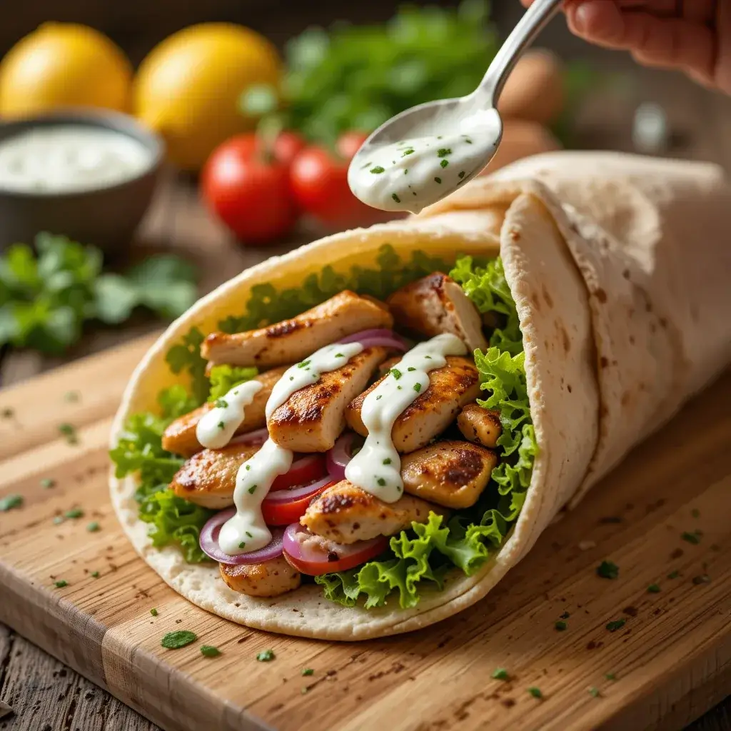 A delicious chicken pita recipe featuring grilled chicken, fresh lettuce, cherry tomatoes, red onion, and a drizzle of creamy herb sauce on warm pita bread.