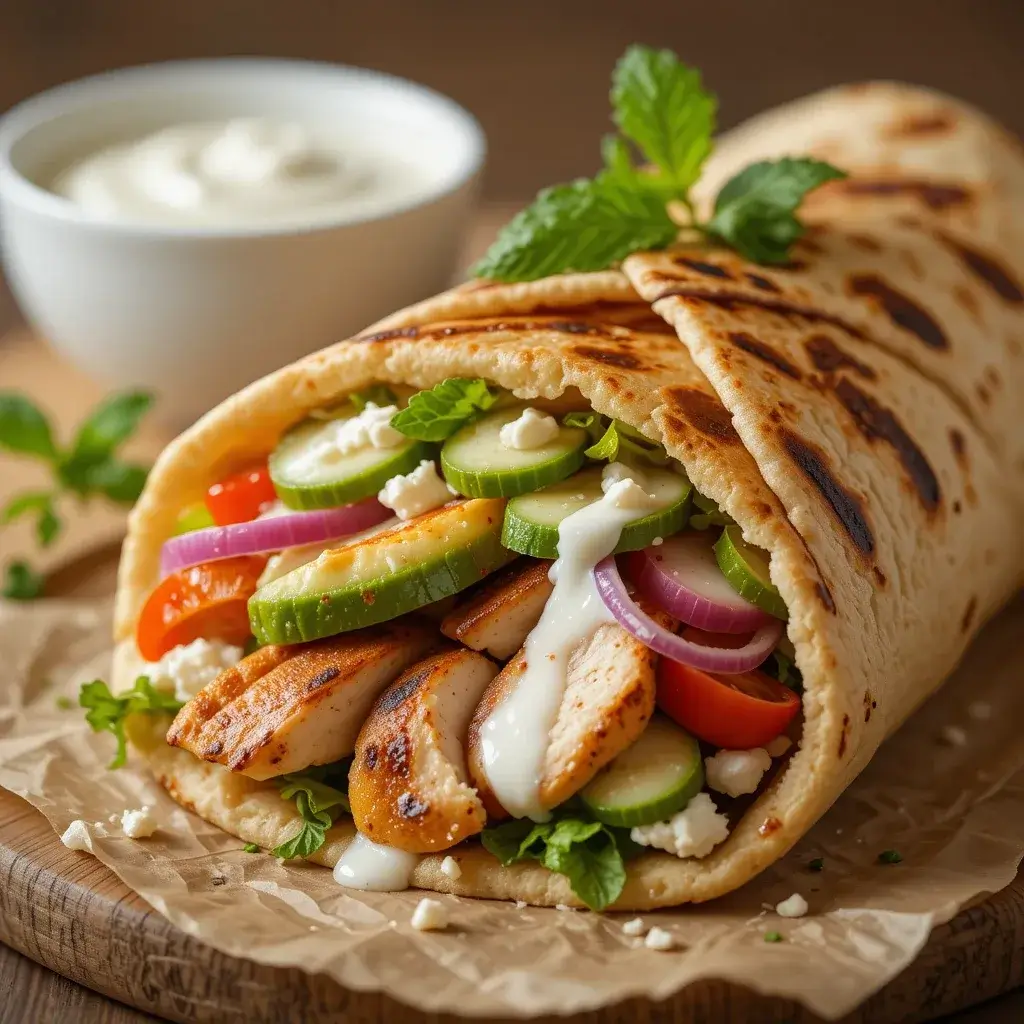 A fresh and flavorful chicken pita recipe filled with grilled chicken, cucumber slices, cherry tomatoes, red onion, feta cheese, and creamy dressing wrapped in a warm, toasted pita.