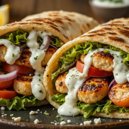 A mouthwatering chicken pita recipe featuring grilled chicken, crisp lettuce, cherry tomatoes, red onion, and a creamy dressing wrapped in warm, toasted pita bread.