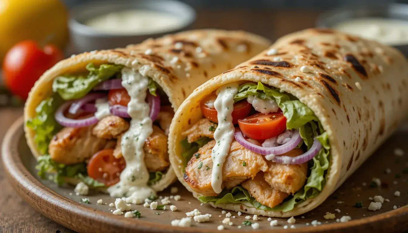 Delicious chicken pita recipe featuring grilled chicken, fresh lettuce, cherry tomatoes, red onions, and a creamy dressing wrapped in soft pita bread.