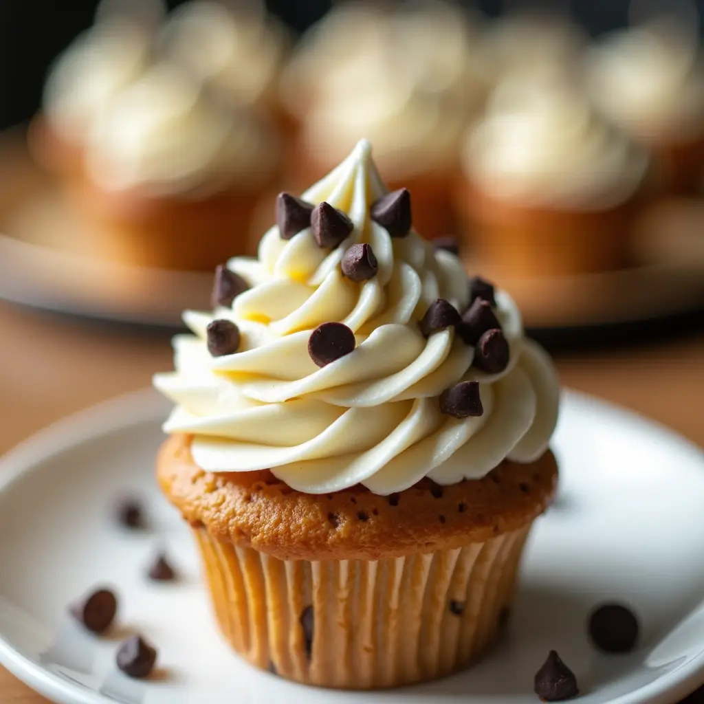 A close-up of a freshly baked chocolate chip cupcake with creamy vanilla frosting and chocolate chips, placed on a white plate.