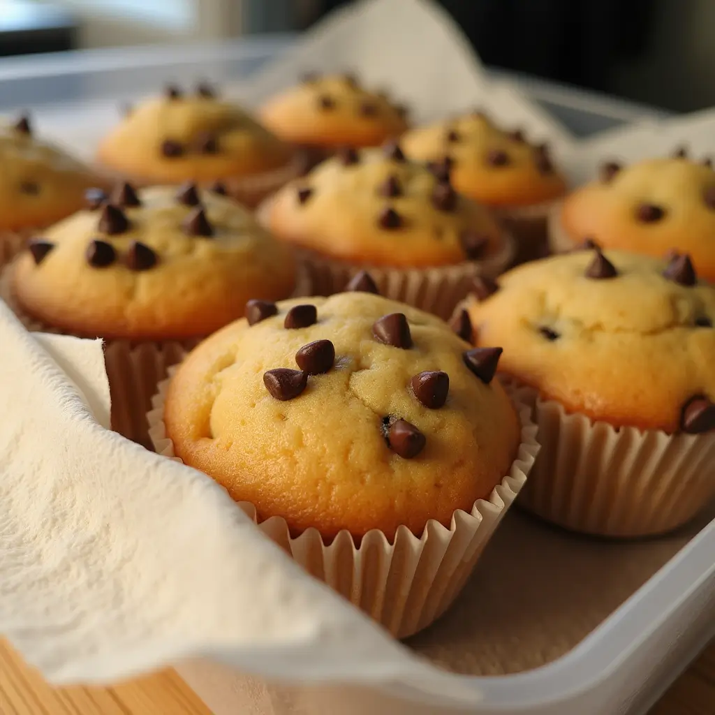 A batch of freshly baked chocolate chip cupcakes with golden tops and chocolate chips, arranged in a container lined with parchment paper.