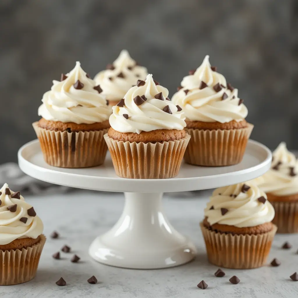 A display of chocolate chip cupcakes with vanilla frosting and chocolate chips, beautifully arranged on a white cake stand.