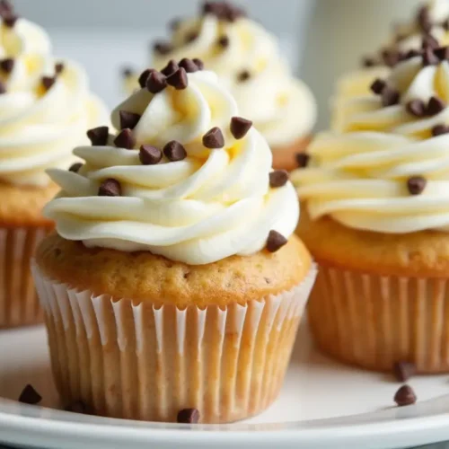 A plate of chocolate chip cupcakes topped with creamy vanilla frosting and sprinkled with mini chocolate chips, perfect for dessert lovers.