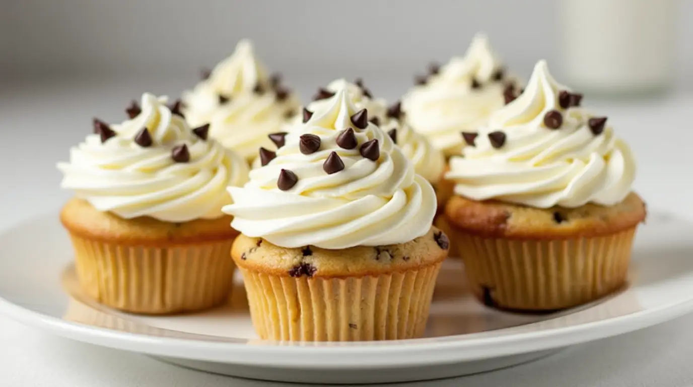 Delicious chocolate chip cupcakes topped with creamy vanilla frosting and sprinkled with chocolate chips, served on a white plate.