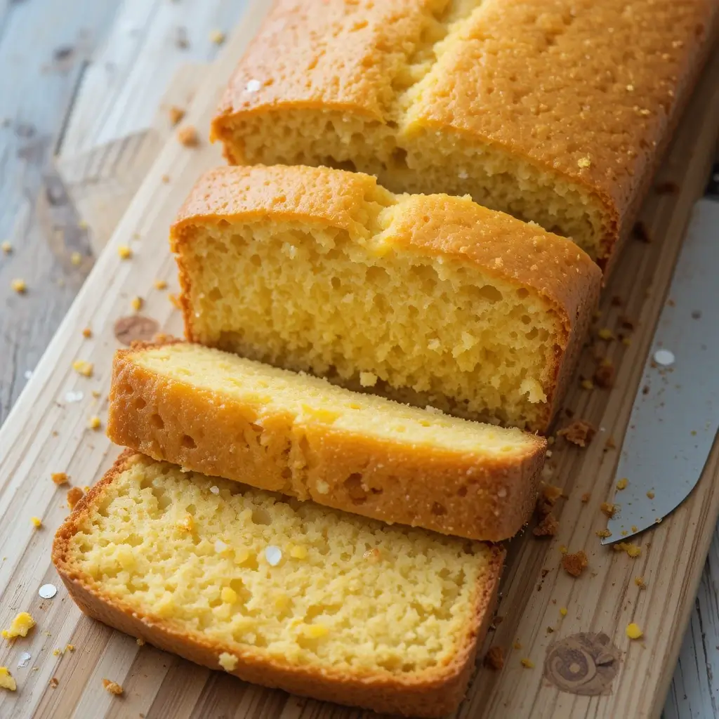 A close-up of a fluffy, golden slice of cornbread without eggs, with melted butter on top, highlighting its soft and moist texture.