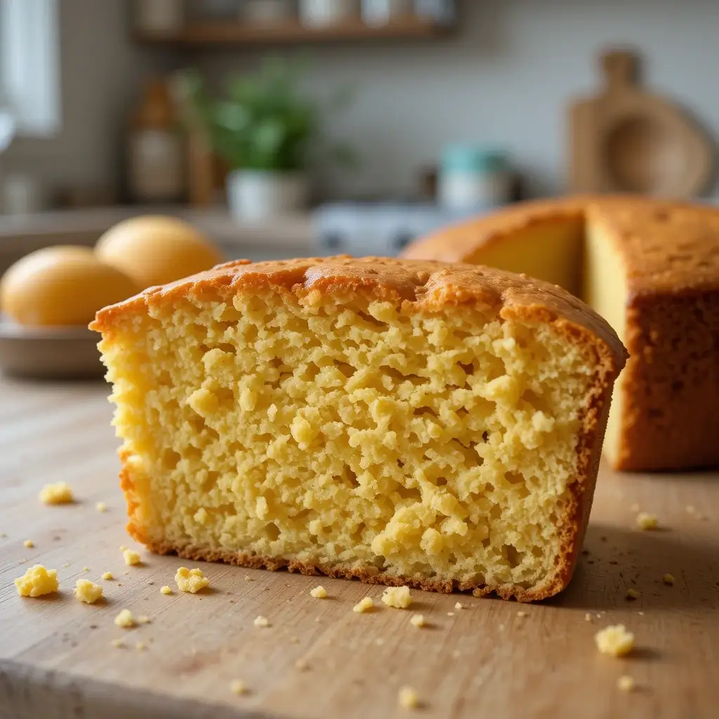 A freshly baked slice of cornbread without eggs on a wooden cutting board, showing its fluffy and moist texture, with a whole cornbread loaf in the background.