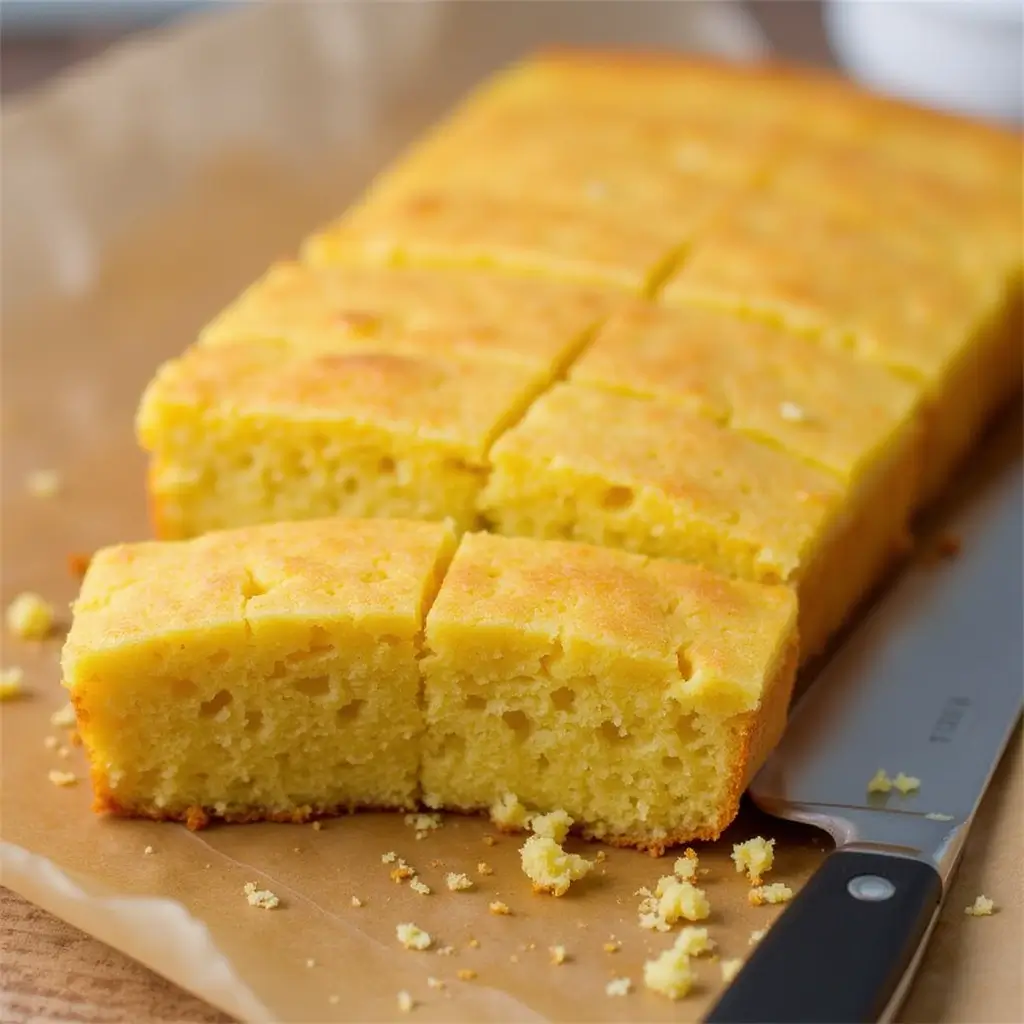 A freshly baked golden cornbread without eggs, cut into square pieces on parchment paper with a knife beside it.