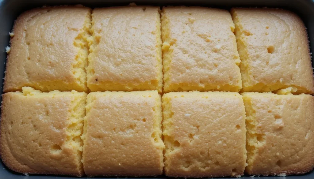 A freshly baked cornbread without eggs, cut into eight even squares in a baking pan, with a golden, fluffy texture.