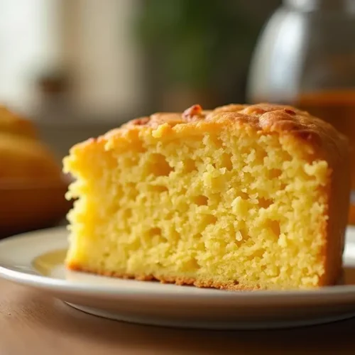 A warm, golden-brown cornbread without eggs, showing its soft and fluffy texture with a crisp crust.