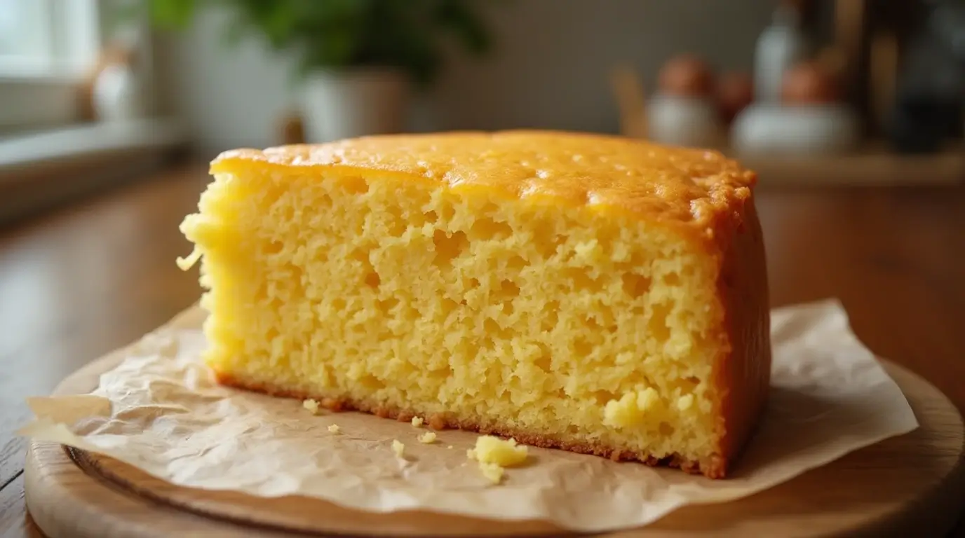 A close-up of freshly baked cornbread without eggs, showing its golden crust and soft, moist texture on a wooden table with a butter knife beside it.