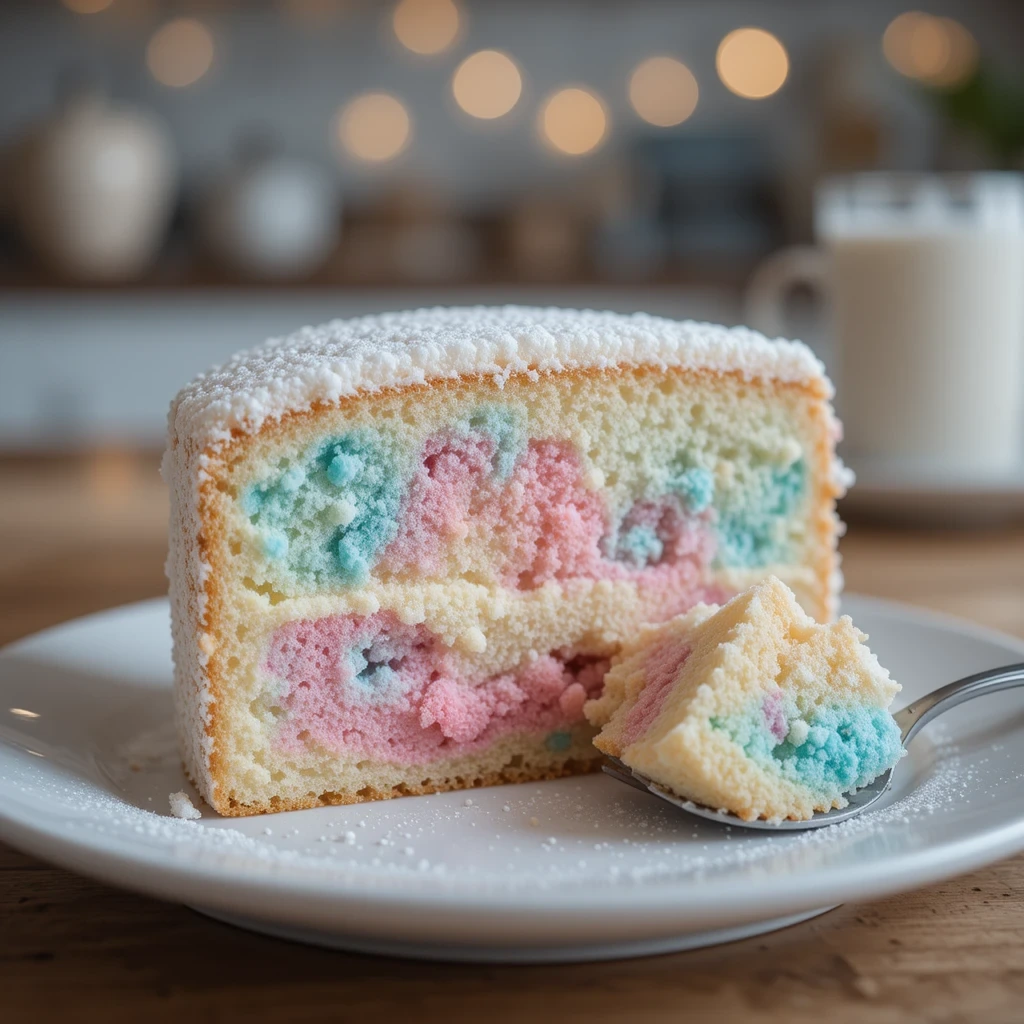 A slice of cotton candy cake with a soft, fluffy texture and pastel pink, blue, and white swirls, dusted with powdered sugar, served on a white plate with a spoonful taken out.