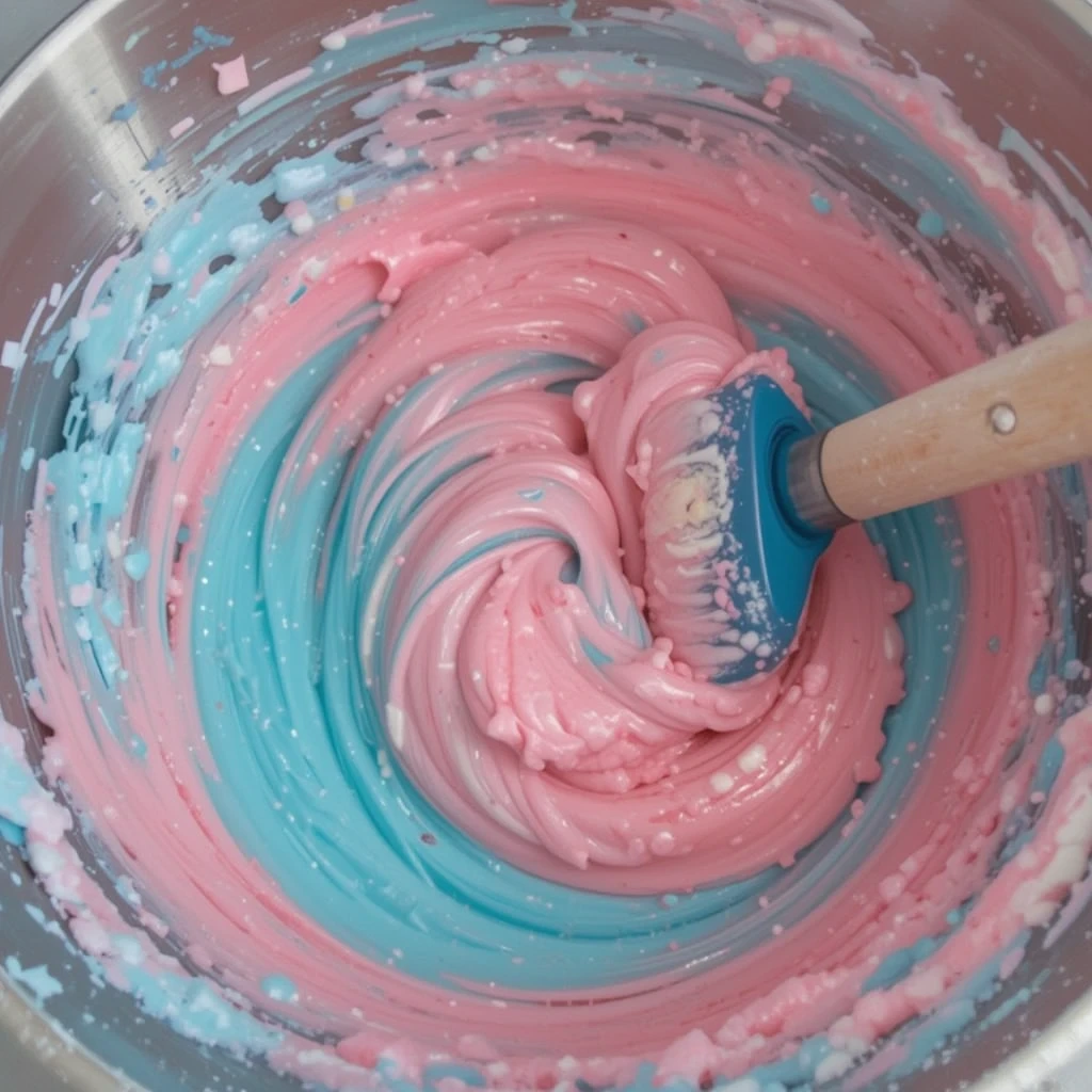 A bowl of swirled pink and blue frosting being mixed with a spatula, creating a smooth and creamy texture for a cotton candy cake.