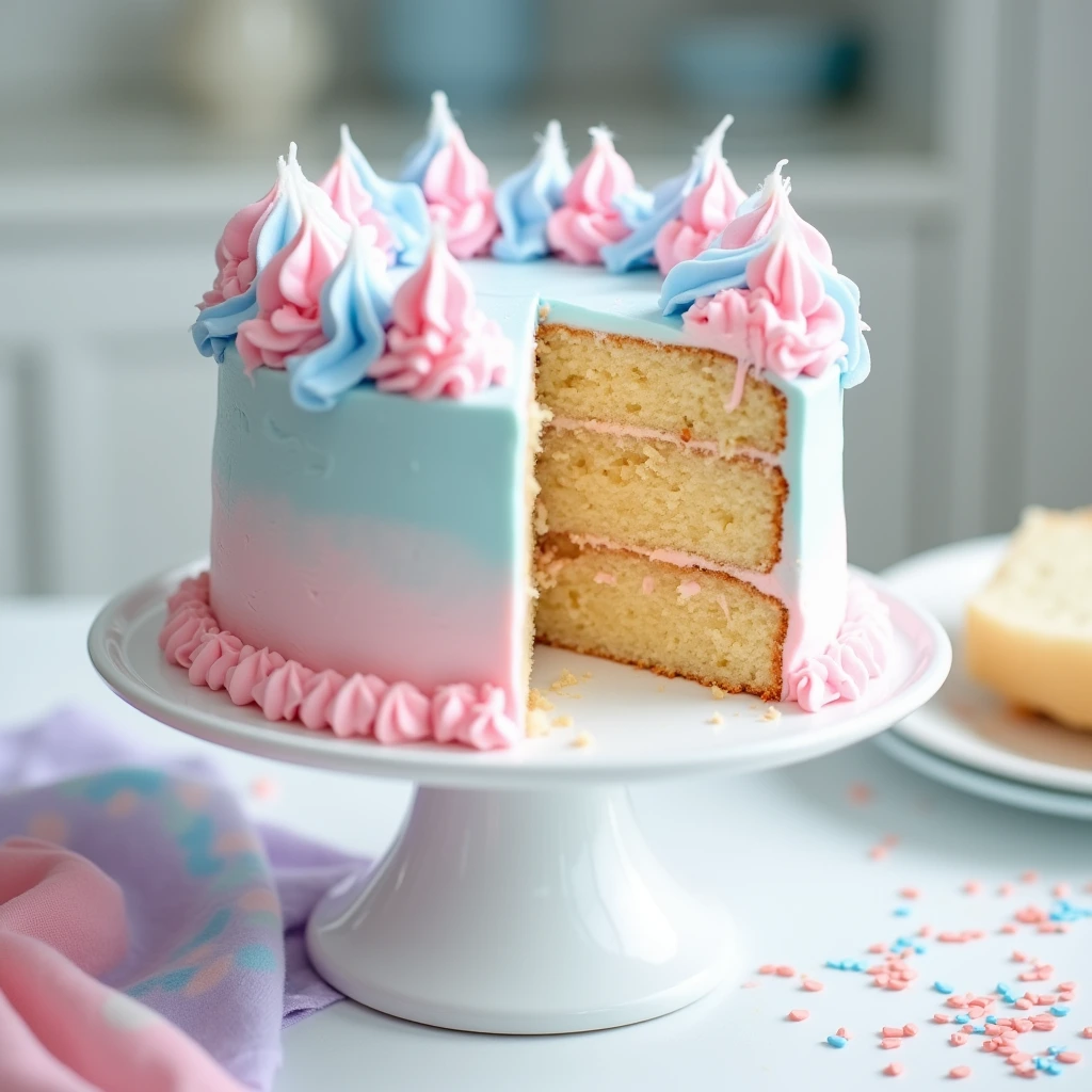 A beautifully decorated cotton candy cake with pastel pink and blue frosting, topped with piped swirls, and a slice removed to reveal soft vanilla layers inside.