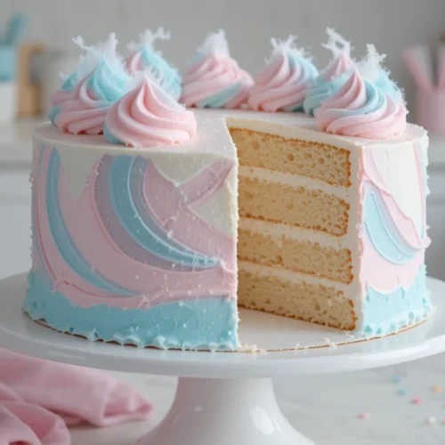 A beautifully decorated cotton candy cake with pastel pink, blue, and white frosting swirls, topped with fluffy piped frosting and a slice removed to reveal soft layered vanilla sponge inside.