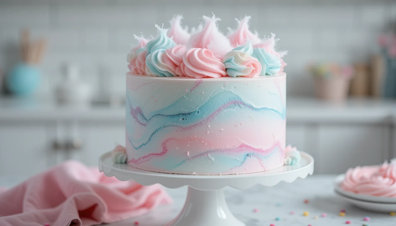 A beautifully decorated cotton candy cake with pastel pink and blue swirls, topped with fluffy cotton candy and piped frosting, sitting on a white cake stand in a bright kitchen.