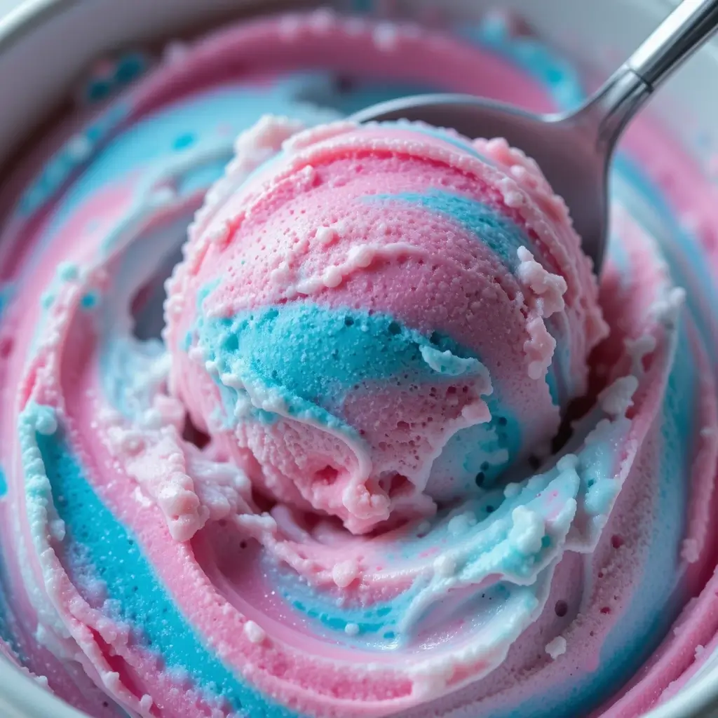 A close-up of a scoop of cotton candy ice cream with vibrant pink and blue swirls, highlighting its creamy and airy texture in a bowl.