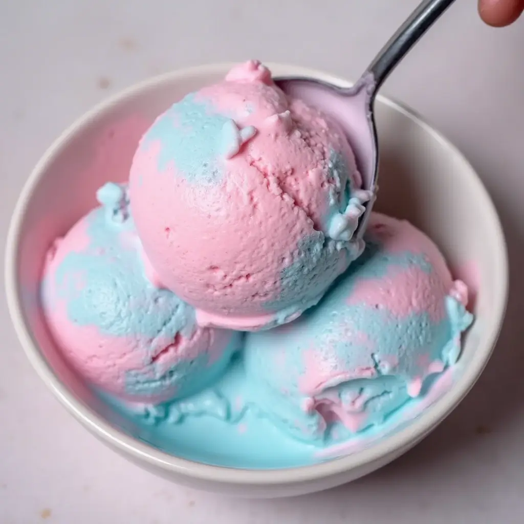 A bowl of cotton candy ice cream with three scoops of pastel pink and blue swirls, slightly melting, creating a creamy and colorful dessert.