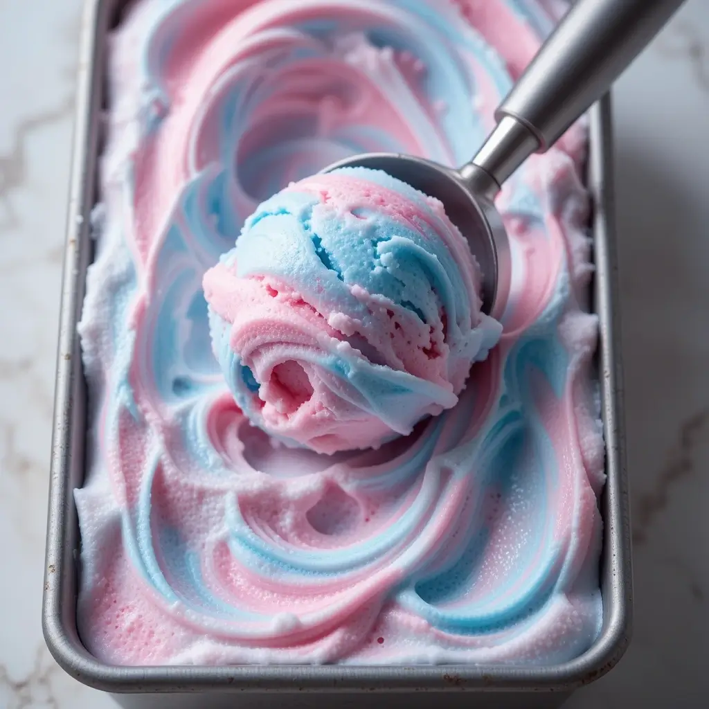 A scoop of cotton candy ice cream with vibrant pink and blue swirls, freshly taken from a metal container, showcasing its creamy and fluffy texture.