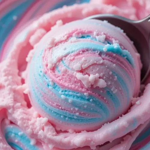 A close-up of a scoop of cotton candy ice cream with soft pastel pink and blue swirls, showing a delicate, creamy texture in a bowl.