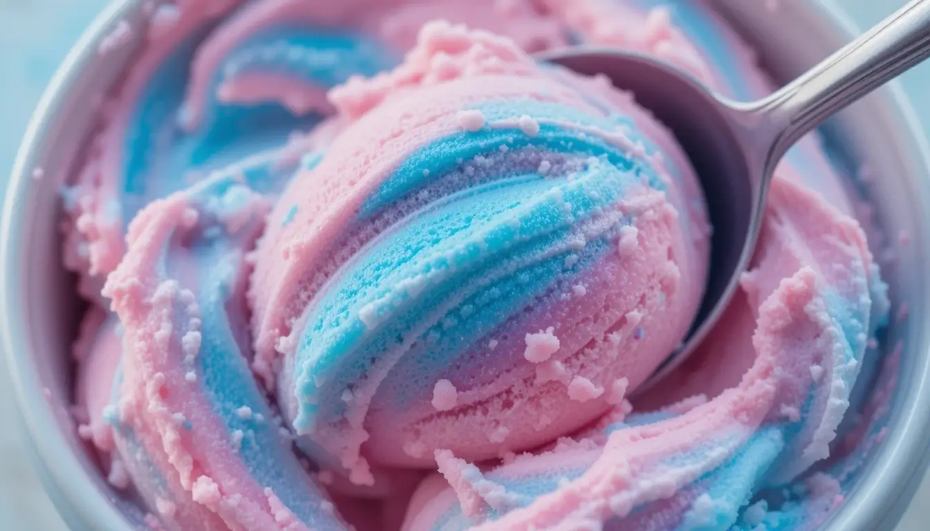 A close-up of cotton candy ice cream with pastel pink and blue swirls, scooped into a bowl, showing a creamy and slightly crystallized texture.