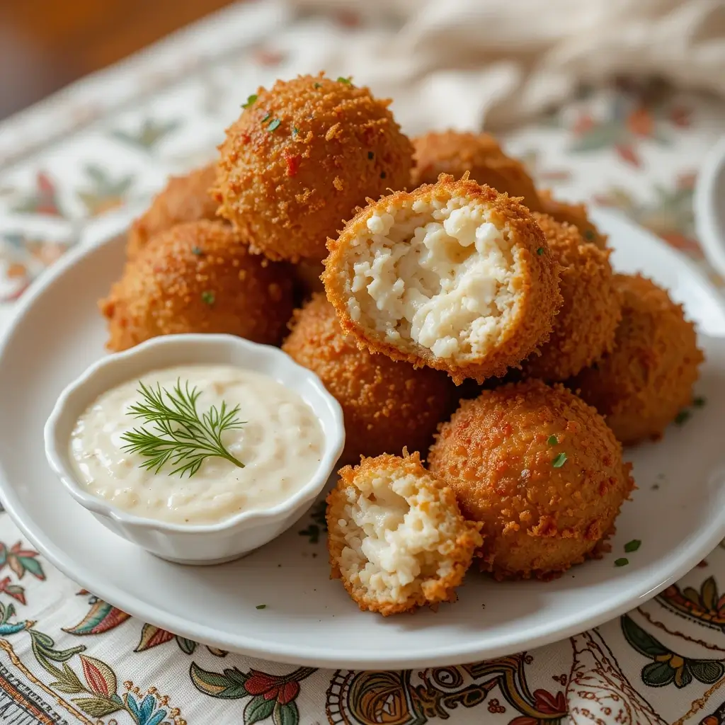 Golden, crispy crab balls with a creamy dipping sauce, garnished with fresh dill. A delicious and easy crab balls recipe perfect for appetizers.