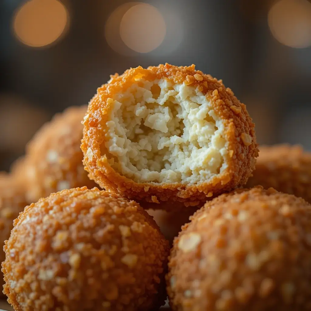 Close-up of crispy, golden crab balls with a crunchy breadcrumb coating and a creamy interior. A delicious crab balls recipe perfect for appetizers.