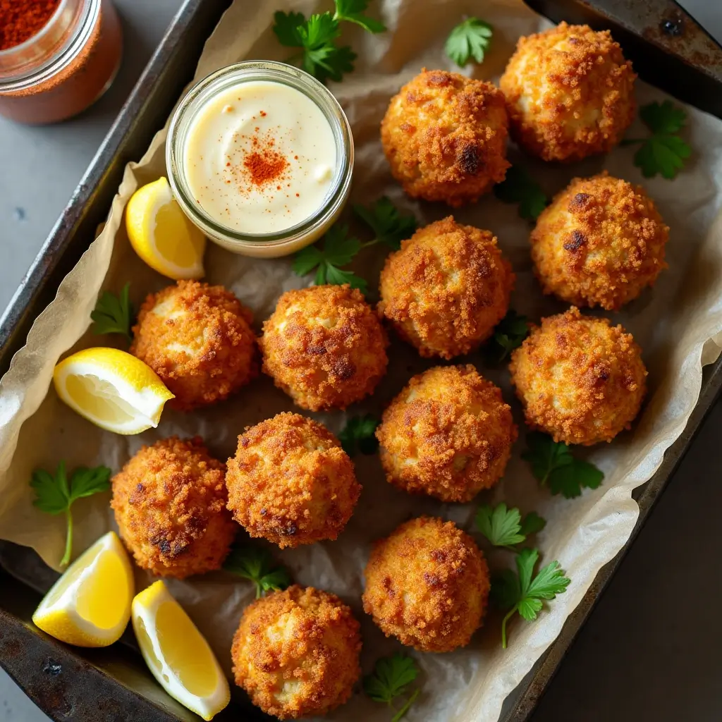 Golden, crispy crab balls served on a tray with a creamy dipping sauce, fresh parsley, and lemon wedges. A flavorful crab balls recipe perfect for appetizers.