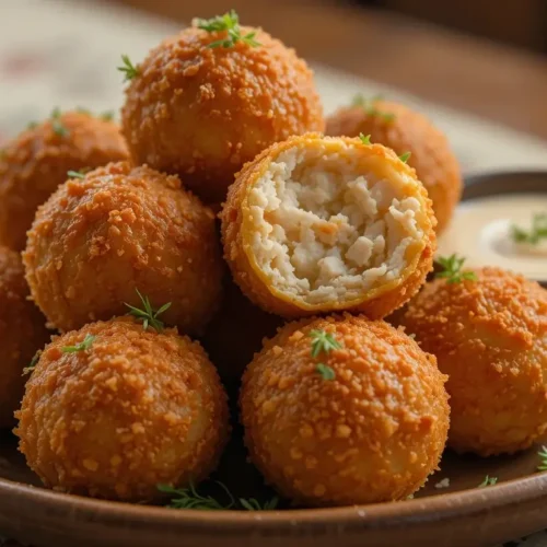 Golden, crispy crab balls stacked on a plate, served with a creamy dipping sauce and garnished with fresh herbs. A delicious homemade crab balls recipe.