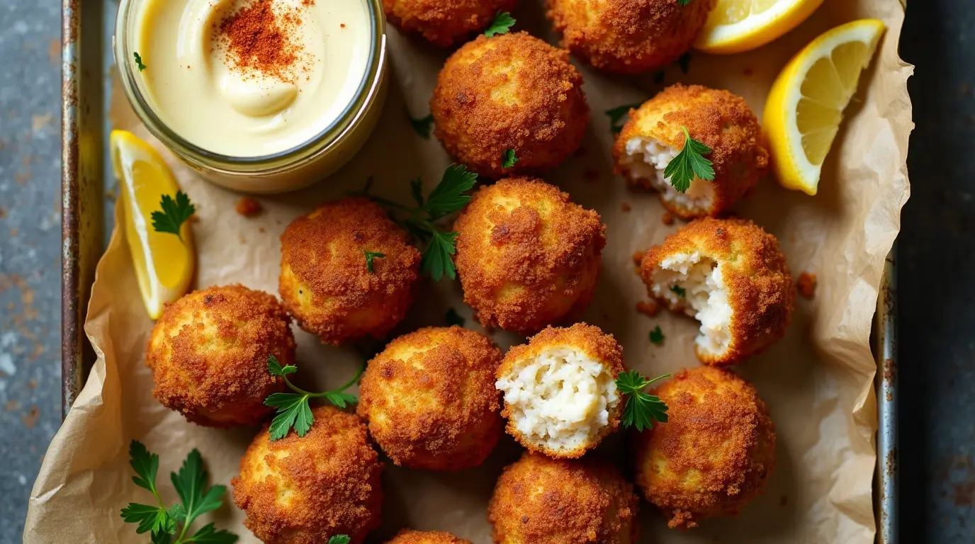 Golden, crispy crab balls served with a creamy dipping sauce, garnished with parsley and lemon wedges. A perfect presentation for a delicious crab balls recipe.