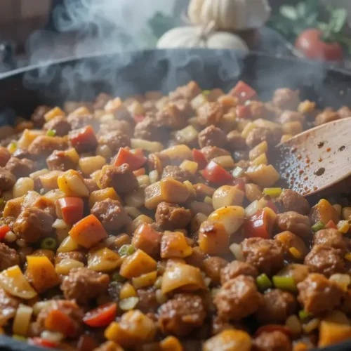 A sizzling pan filled with a flavorful discada recipe, featuring browned meat, diced potatoes, bell peppers, and tomatoes, being stirred with a wooden spatula.