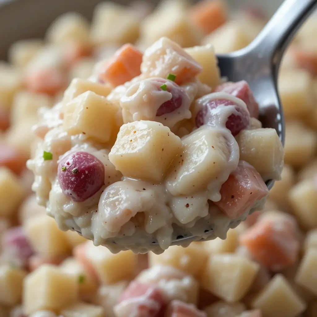 A creamy Dominican potato salad, garnished with fresh herbs, with fresh potatoes and carrots in the background.