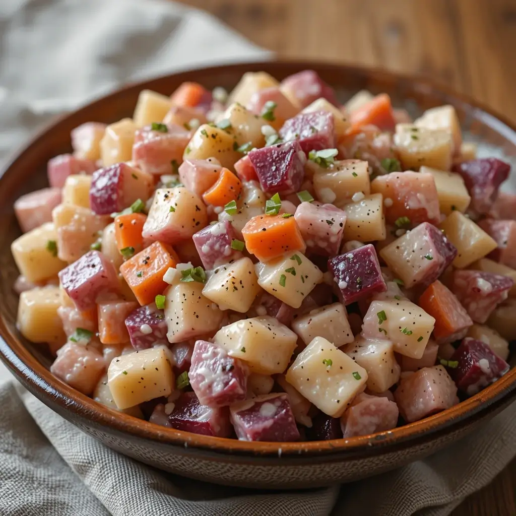 A plate of Dominican potato salad, set on a dining table.