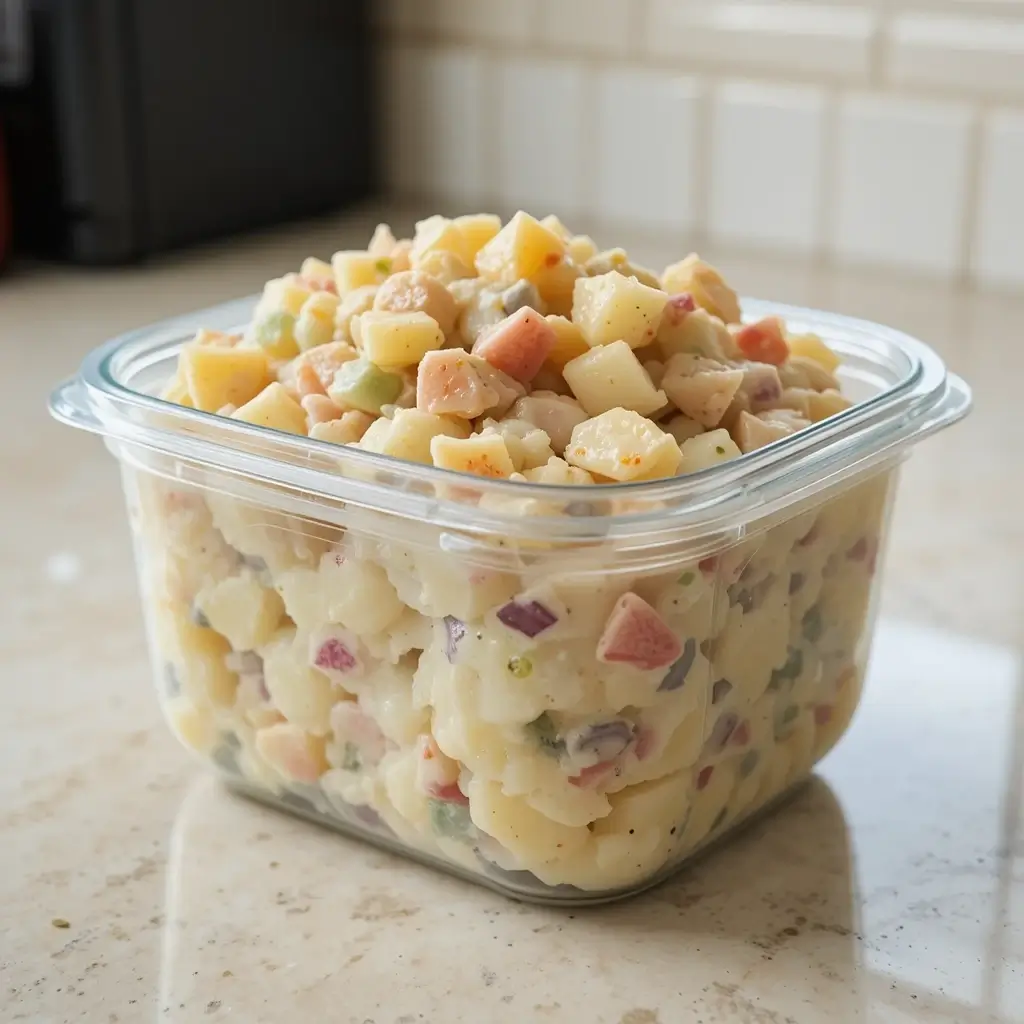 A sealed container of Dominican potato salad stored.