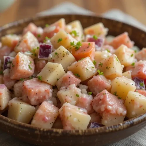 A vibrant Dominican potato salad with a creamy texture, featuring diced potatoes, carrots, and beets, garnished with fresh herbs in a serving bowl.