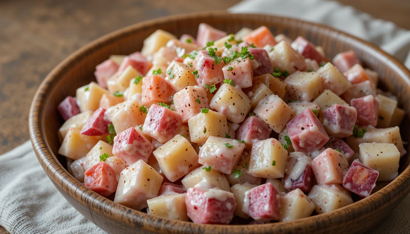 A creamy Dominican potato salad with carrots, beets, and a tangy mayo dressing, served in a bowl.