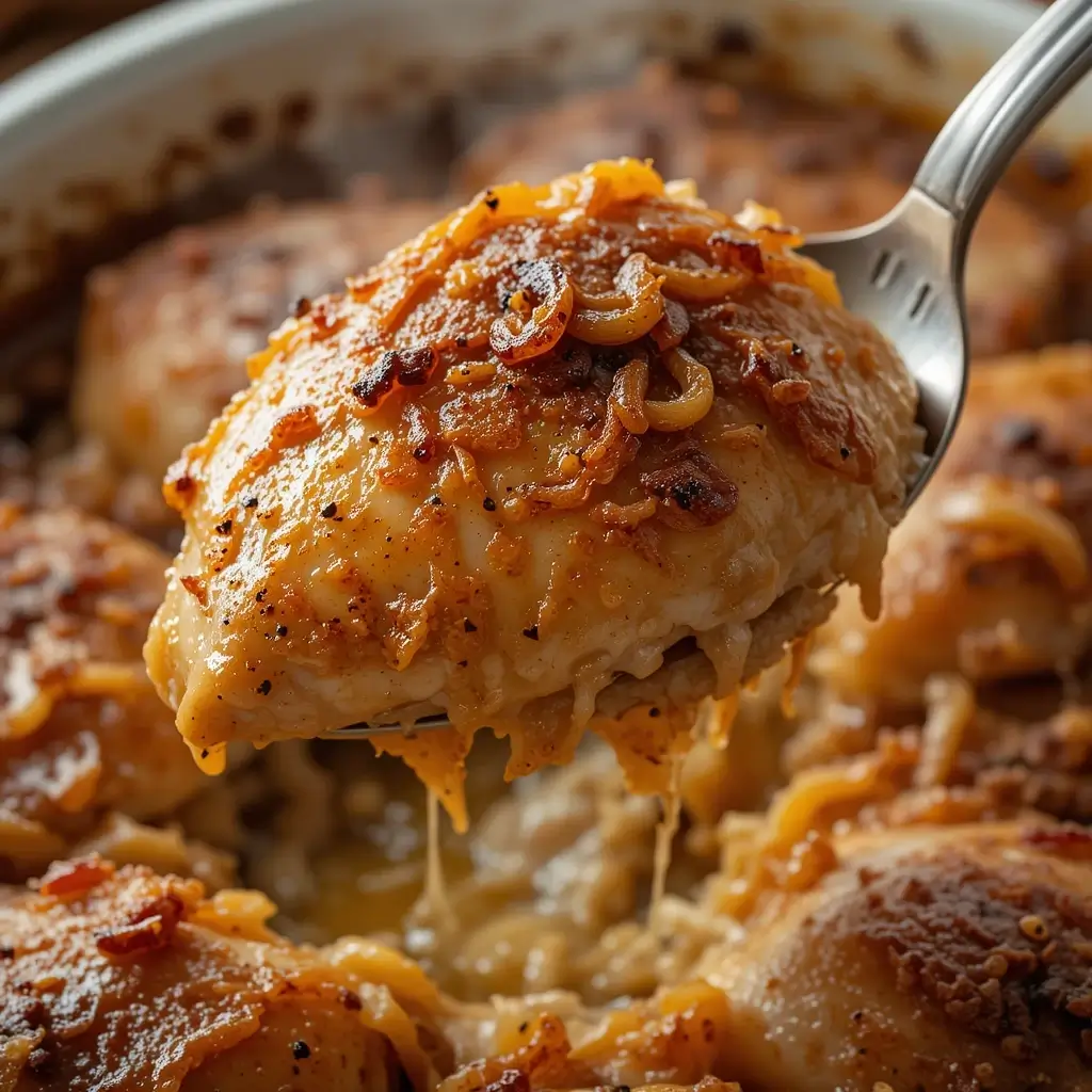 A close-up of a fork lifting a juicy, cheesy chicken breast from a baked dish featuring the forgotten chicken recipe, topped with crispy fried onions and rich, melted cheese.