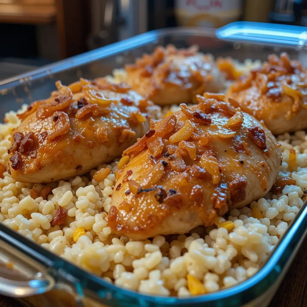 A close-up of a baked dish featuring the forgotten chicken recipe, with golden-brown chicken breasts topped with crispy fried onions and bacon, served over a bed of seasoned rice and corn in a glass baking dish.