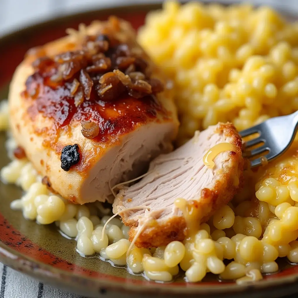 A close-up of the forgotten chicken recipe featuring a tender, juicy baked chicken breast with a crispy, caramelized glaze and fried onions, served with creamy macaroni and cheese on a rustic plate.