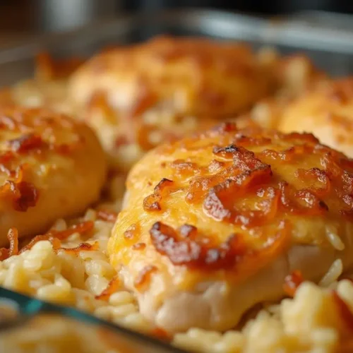 A freshly baked dish featuring the forgotten chicken recipe, with tender chicken breasts covered in melted cheese and crispy bacon, served over a bed of creamy rice in a glass baking dish.