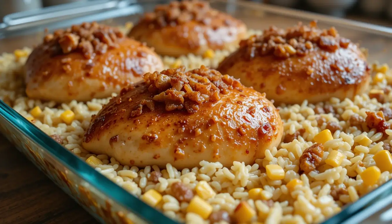 A delicious baked dish featuring the forgotten chicken recipe, with glazed chicken breasts topped with crispy bacon bits, served over a bed of seasoned rice and corn in a glass baking dish.