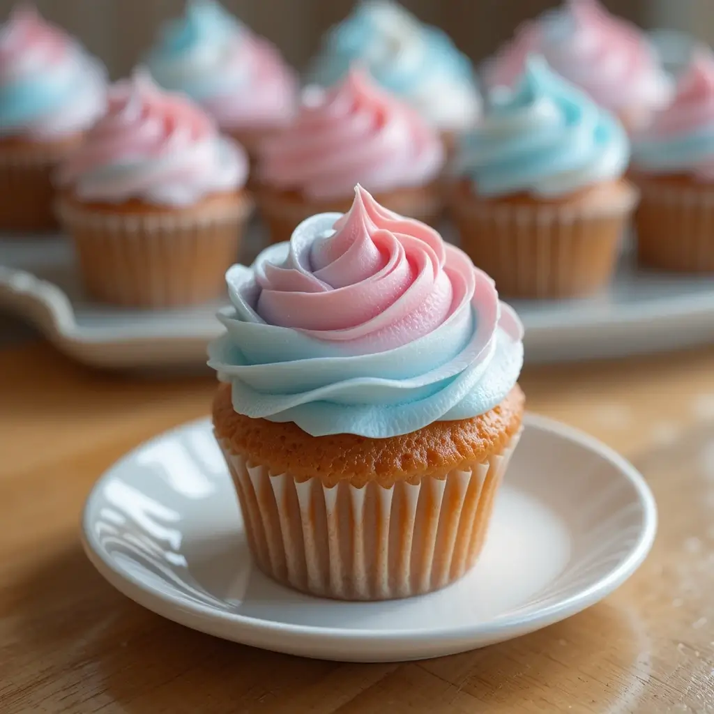 A beautifully decorated Gender Reveal Cupcake with pink and blue swirled frosting, placed on a white plate, with more cupcakes in the background, perfect for a gender reveal celebration.