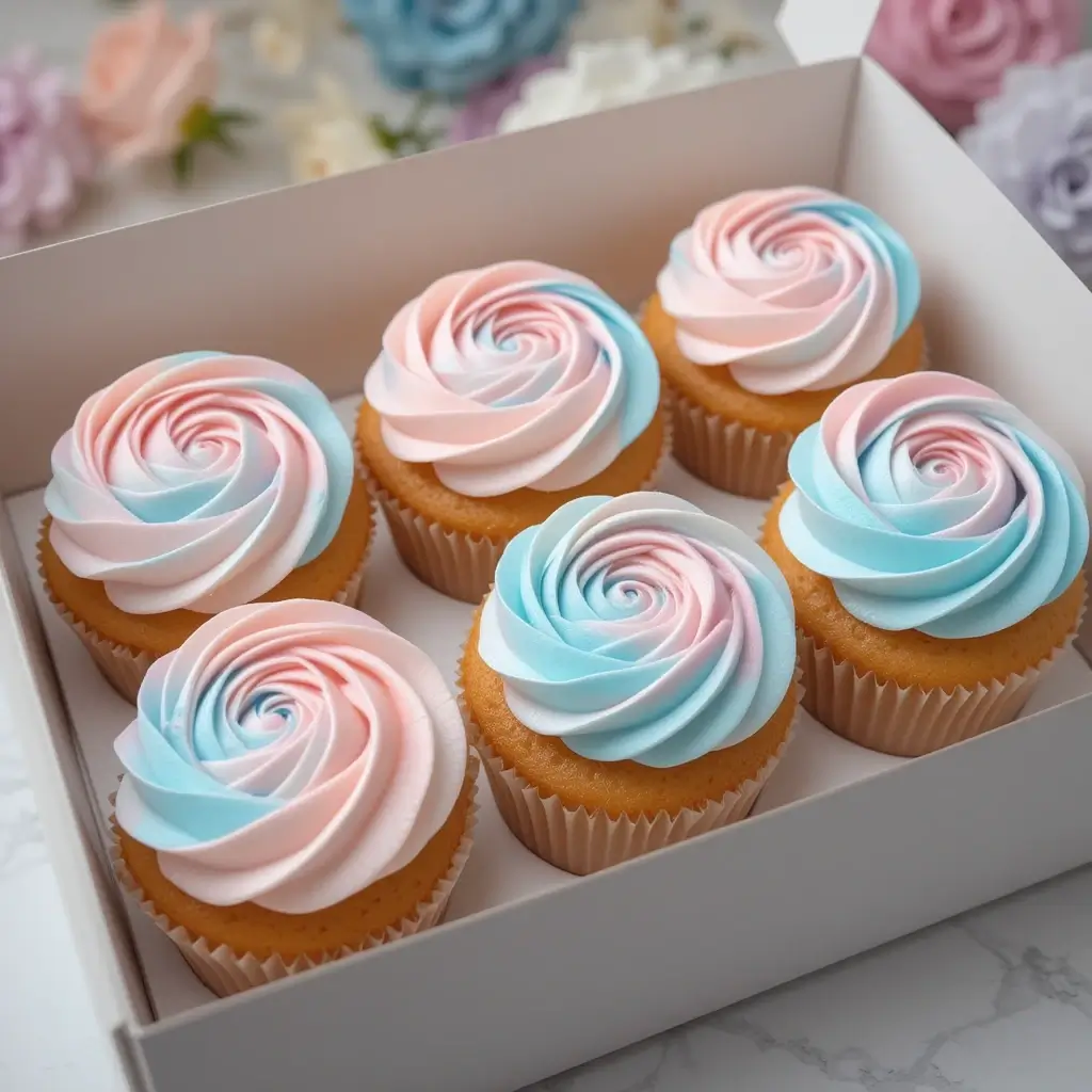 A box of beautifully decorated Gender Reveal Cupcakes with pink and blue swirled frosting, arranged neatly for a baby gender reveal celebration.